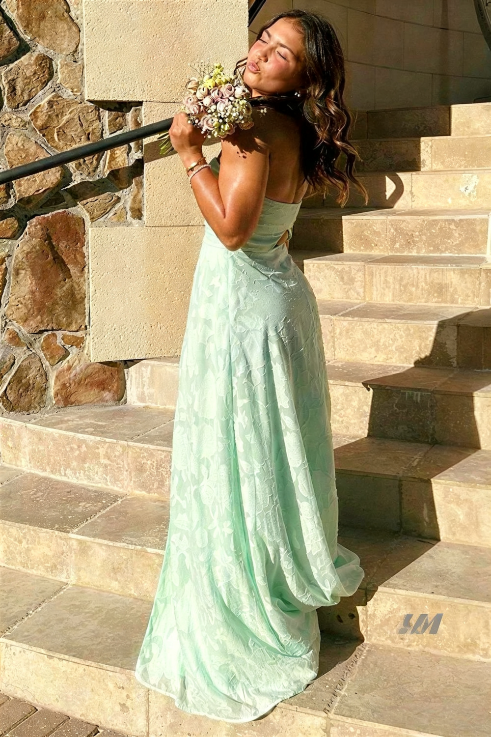 a-line mint formal dress with side slit and floral appliques
