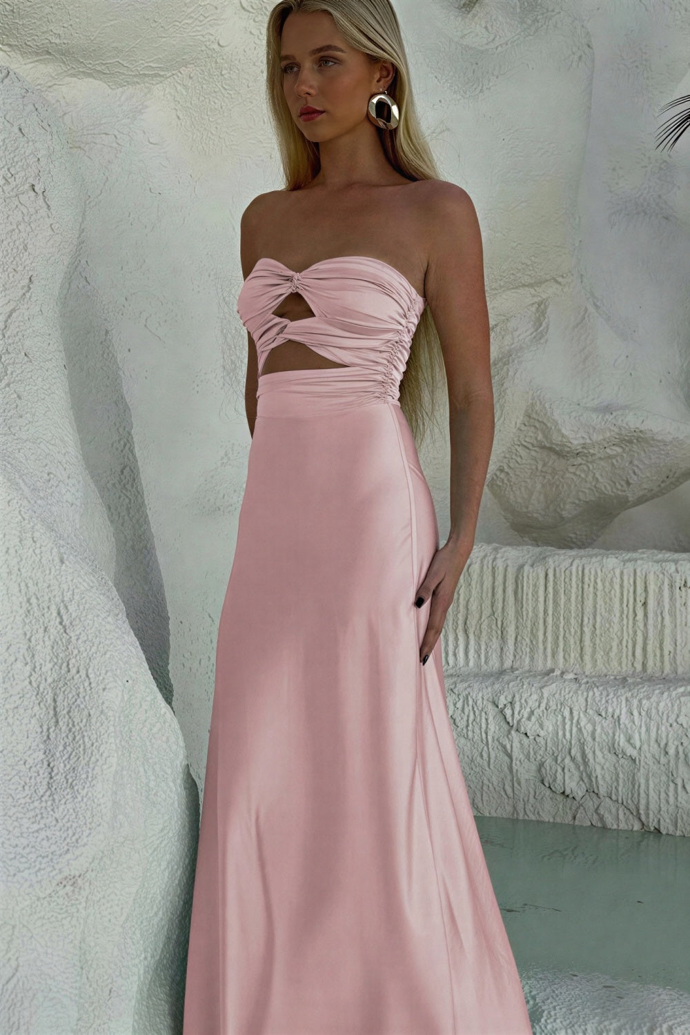 fitted yellow evening gown with twisted chest and keyhole detail